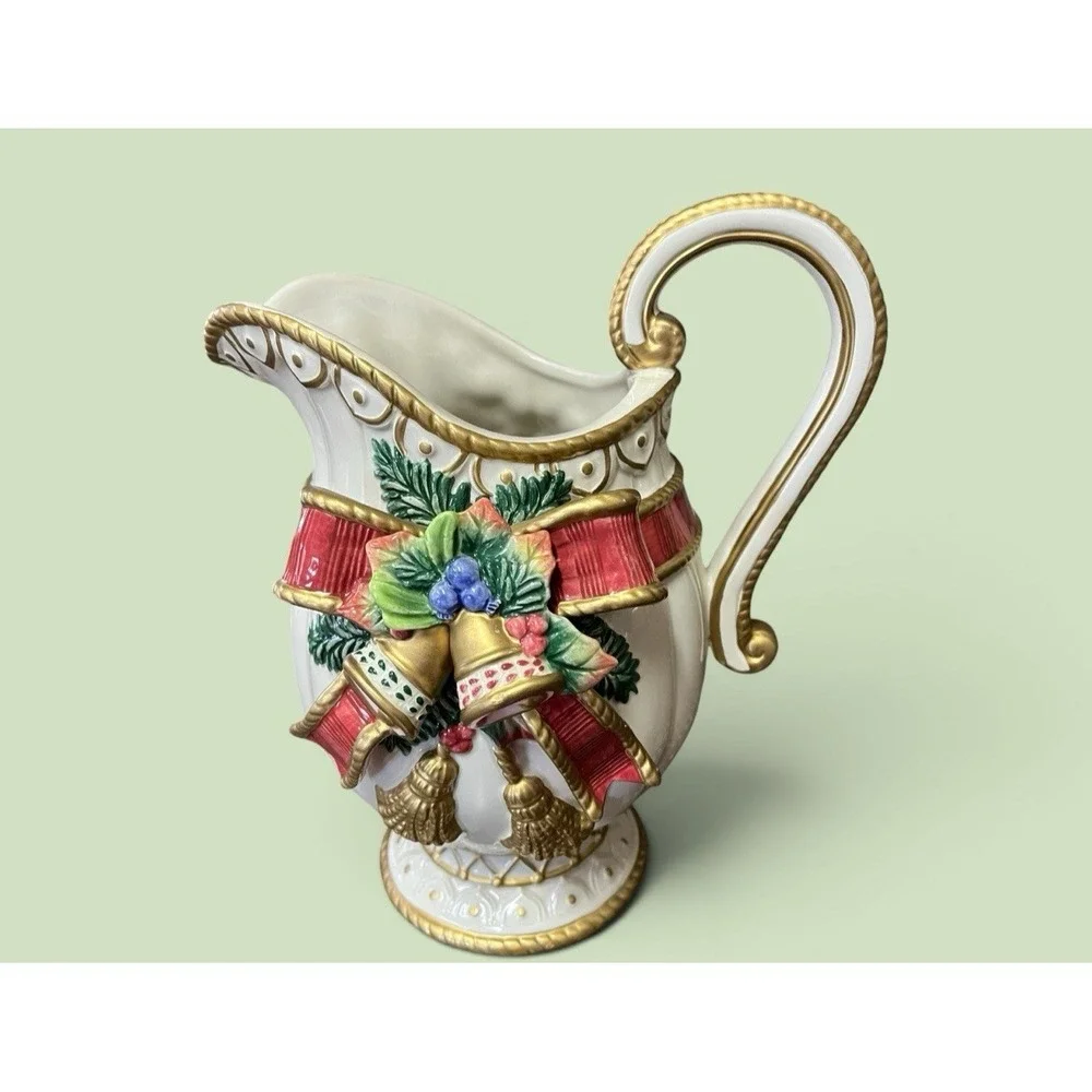 Fitz & Floyd Classics Christmas Deer Bow Bells Serving Pitcher Vase Bells Ribbon